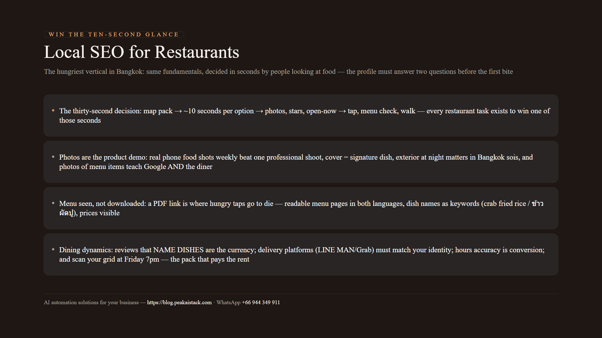 Diagram of restaurant local SEO: the thirty-second decision path, photo and menu rules, delivery interplay, and dining review dynamics