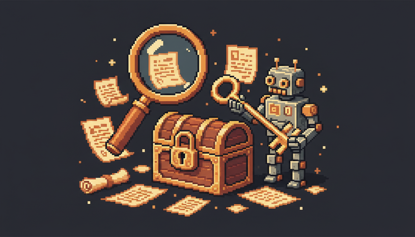 Pixel art hero illustration — a magnifying glass hovering over scattered pixel documents and a padlocked treasure chest with a key held by a robot (artwork for "The 90-Day Local SEO Plan: What to Do Each Month, in Order")