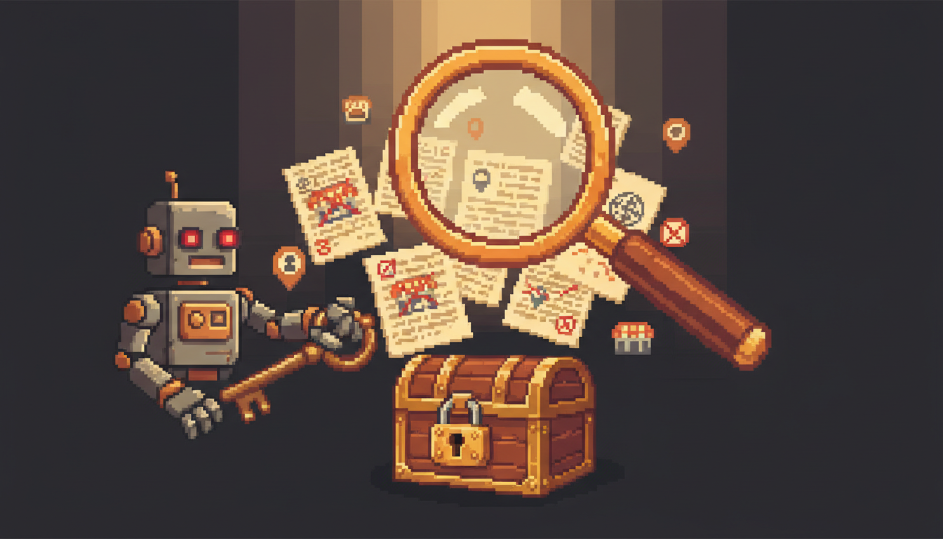 Pixel art hero illustration — a magnifying glass hovering over scattered pixel documents and a padlocked treasure chest with a key held by a robot (artwork for "When AI Recommends Your Competitor: Local SEO in the Age of AI Search")