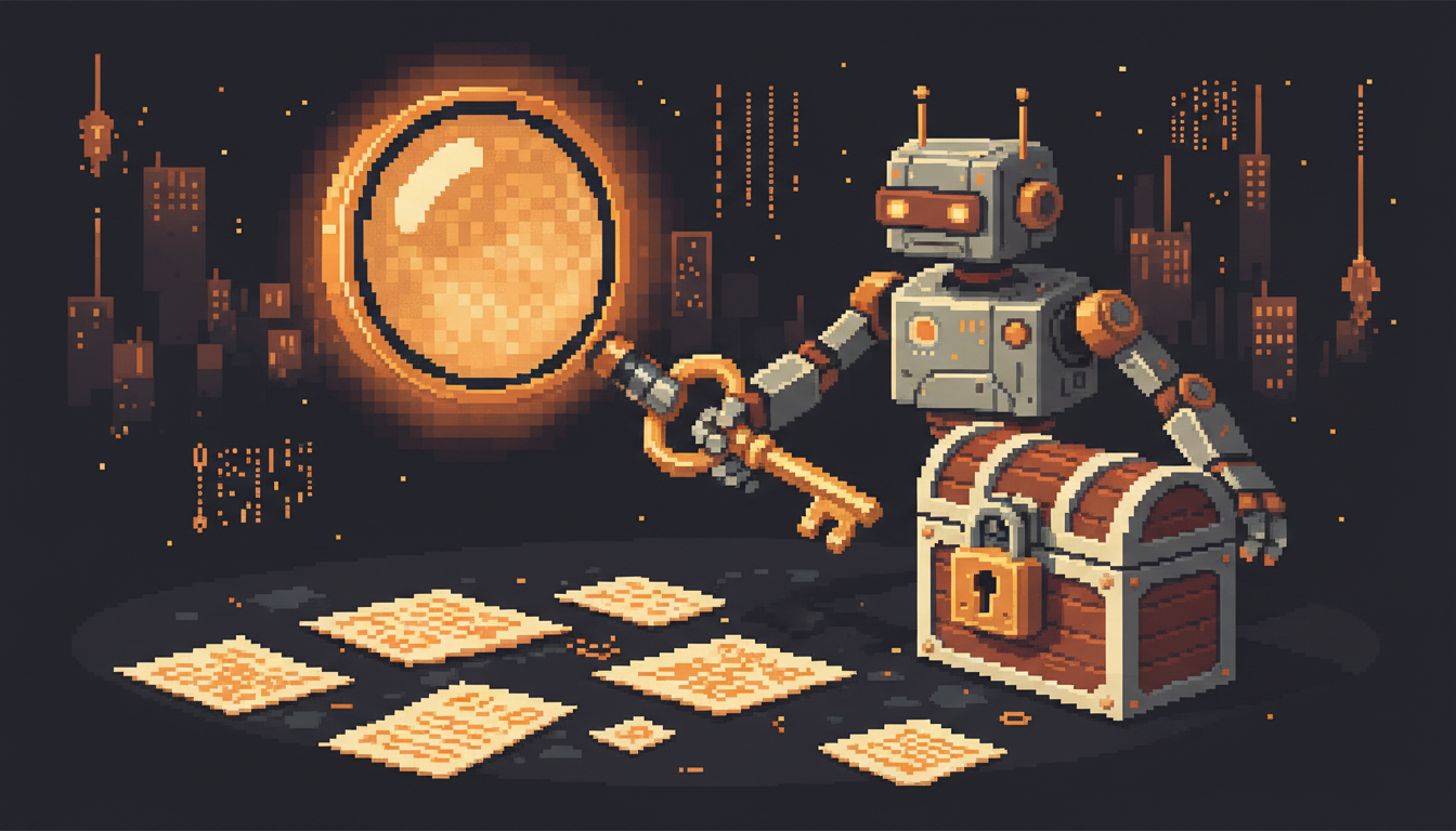 Pixel art hero illustration — a magnifying glass hovering over scattered pixel documents and a padlocked treasure chest with a key held by a robot (artwork for "เมื่อ AI แนะนำร้านคู่แข่ง: Local SEO ในยุค AI Search")