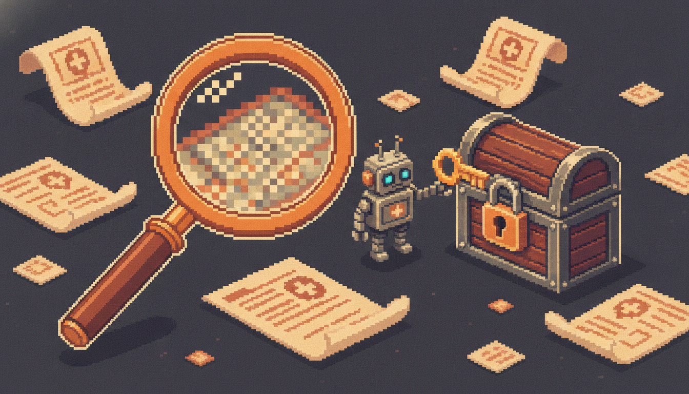 Pixel art hero illustration — a magnifying glass hovering over scattered pixel documents and a padlocked treasure chest with a key held by a robot (artwork for "Local SEO for Clinics: How Patients Find a Doctor They Trust")