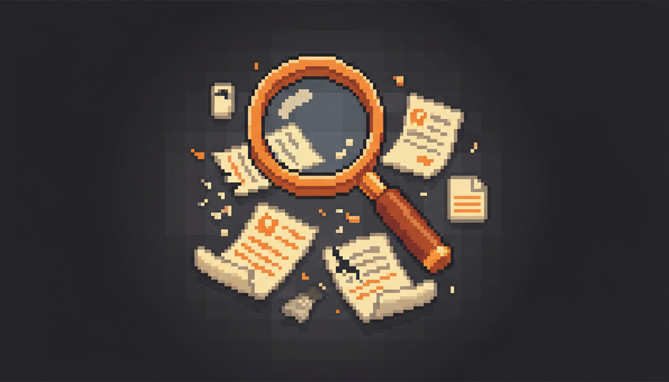 Pixel art hero illustration — a magnifying glass hovering over scattered pixel documents (artwork for "โดนระงับโปรไฟล์ Google Business Profile: ทำอย่างไรให้ร้านกลับมา")