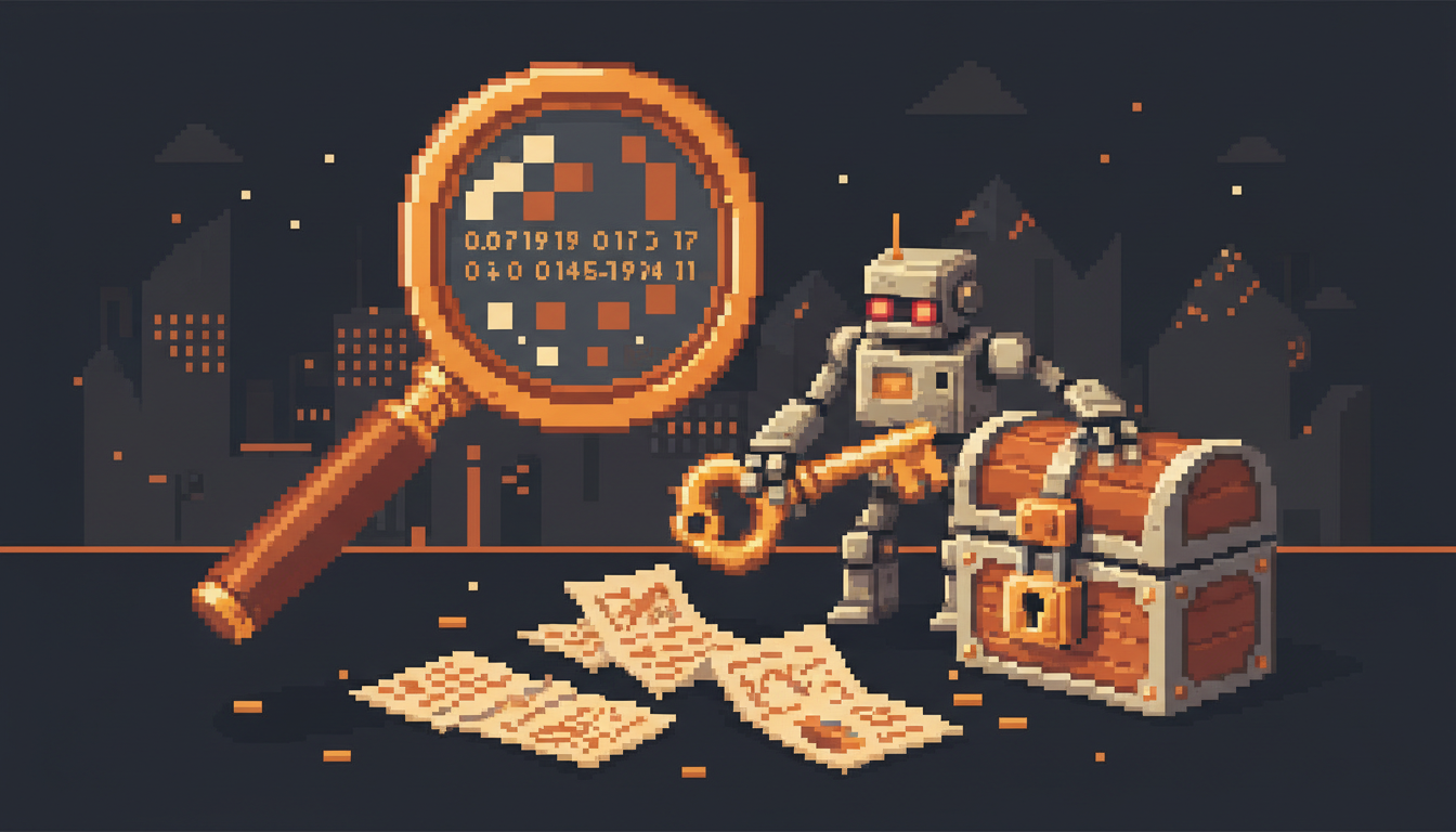 Pixel art hero illustration — a magnifying glass hovering over scattered pixel documents and a padlocked treasure chest with a key held by a robot (artwork for "The Three Levers: How Google Actually Ranks Local Businesses")