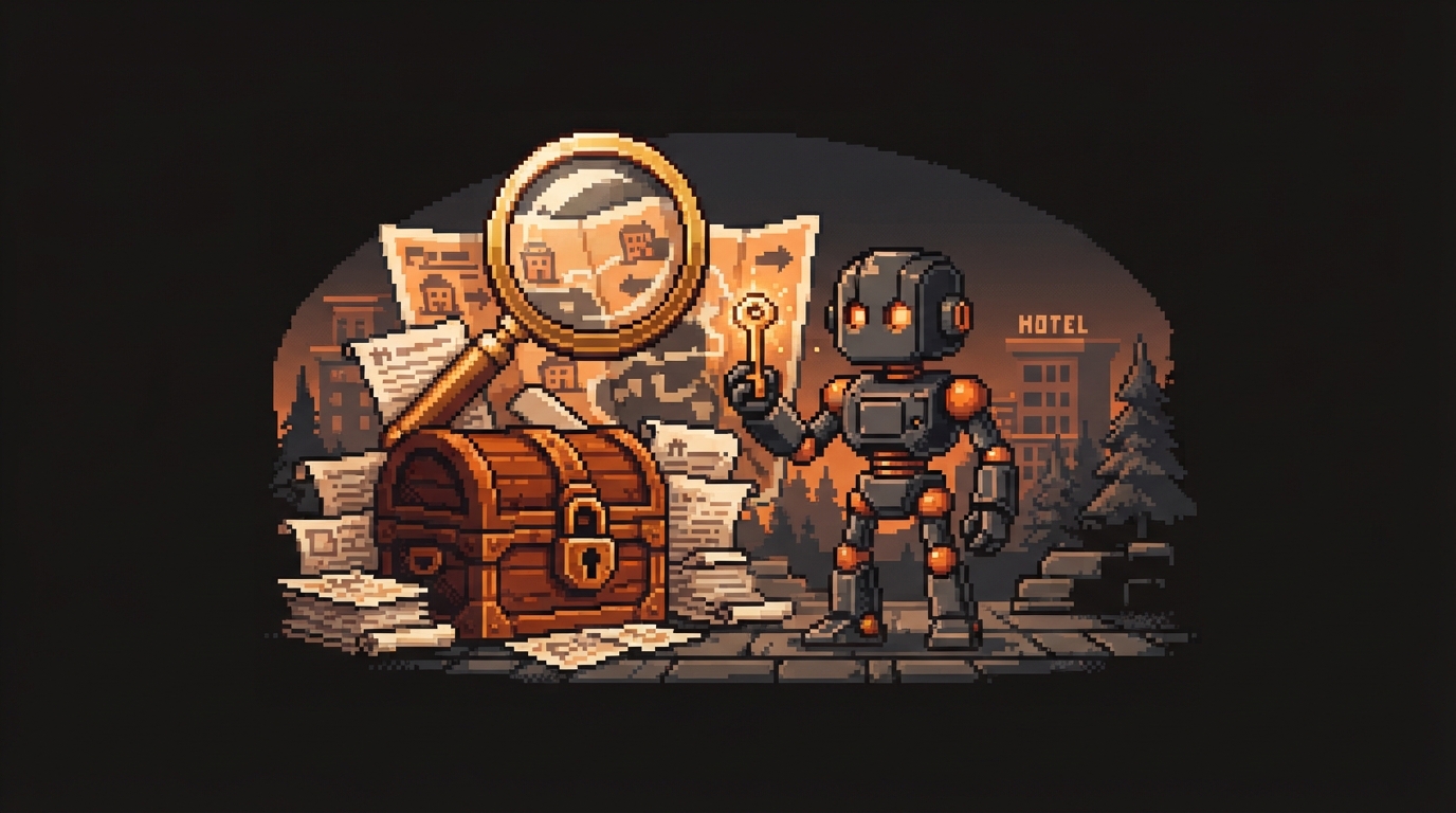 Pixel art hero illustration — a magnifying glass hovering over scattered pixel documents and a padlocked treasure chest with a key held by a robot (artwork for "Local SEO for Hotels: The Map Pack That Plays by Different Rules")