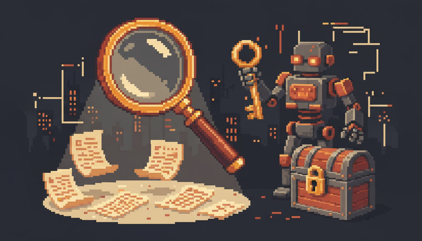 Pixel art hero illustration — a magnifying glass hovering over scattered pixel documents and a padlocked treasure chest with a key held by a robot (artwork for "How Much Does Local SEO Cost? A Straight Answer Without a Sales Pitch")