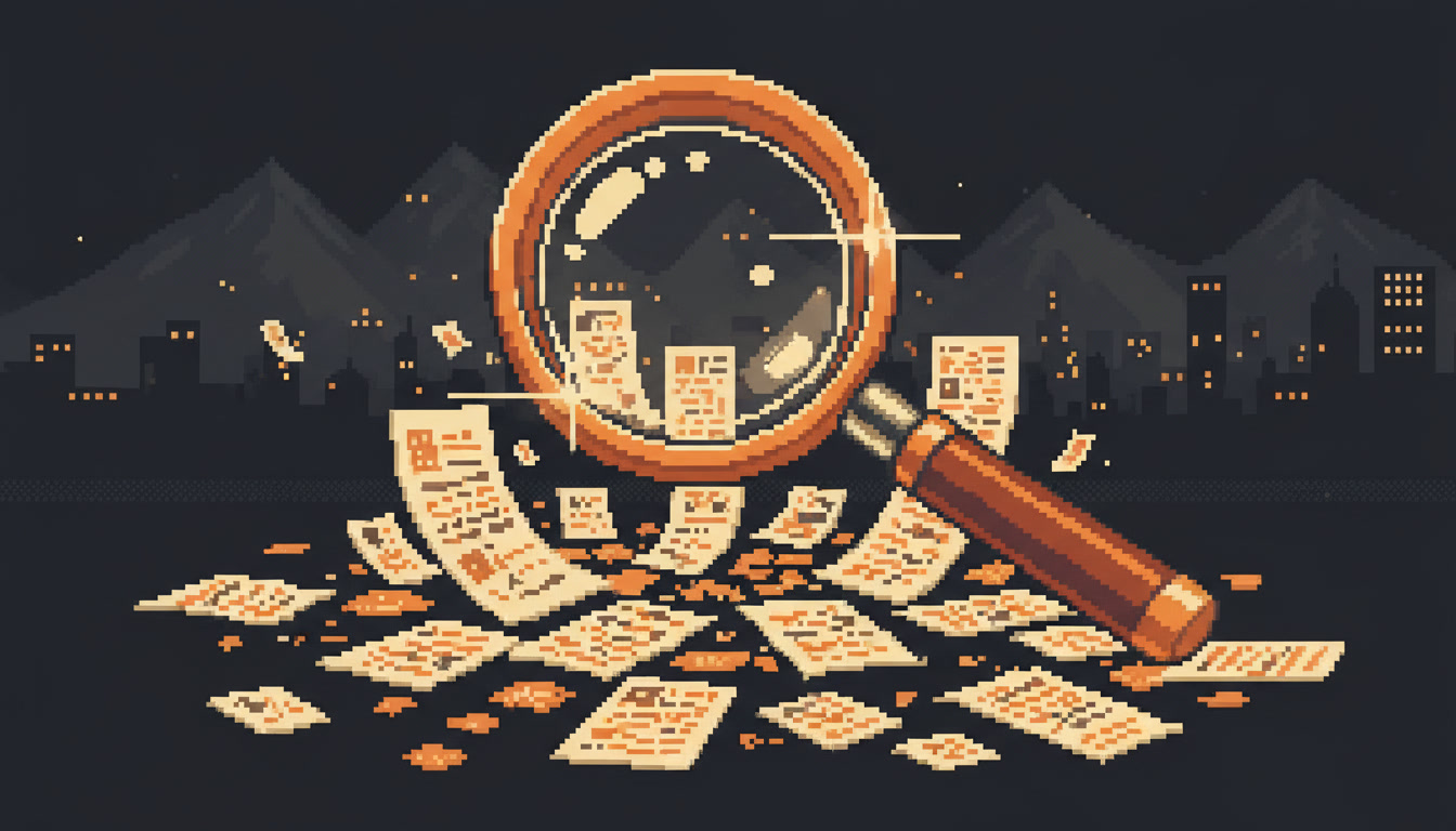 Pixel art hero illustration — a magnifying glass hovering over scattered pixel documents (artwork for "วิธีขอรีวิว Google ให้คนอยากเขียน (โดยไม่ต้องขอทุกวัน)")