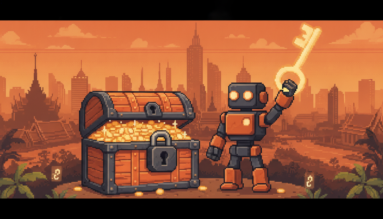 Pixel art hero illustration — a padlocked treasure chest with a key held by a robot (artwork for "Local Link Building for Small Businesses: Earn Links a Bangkok Shop Can Actually Get")