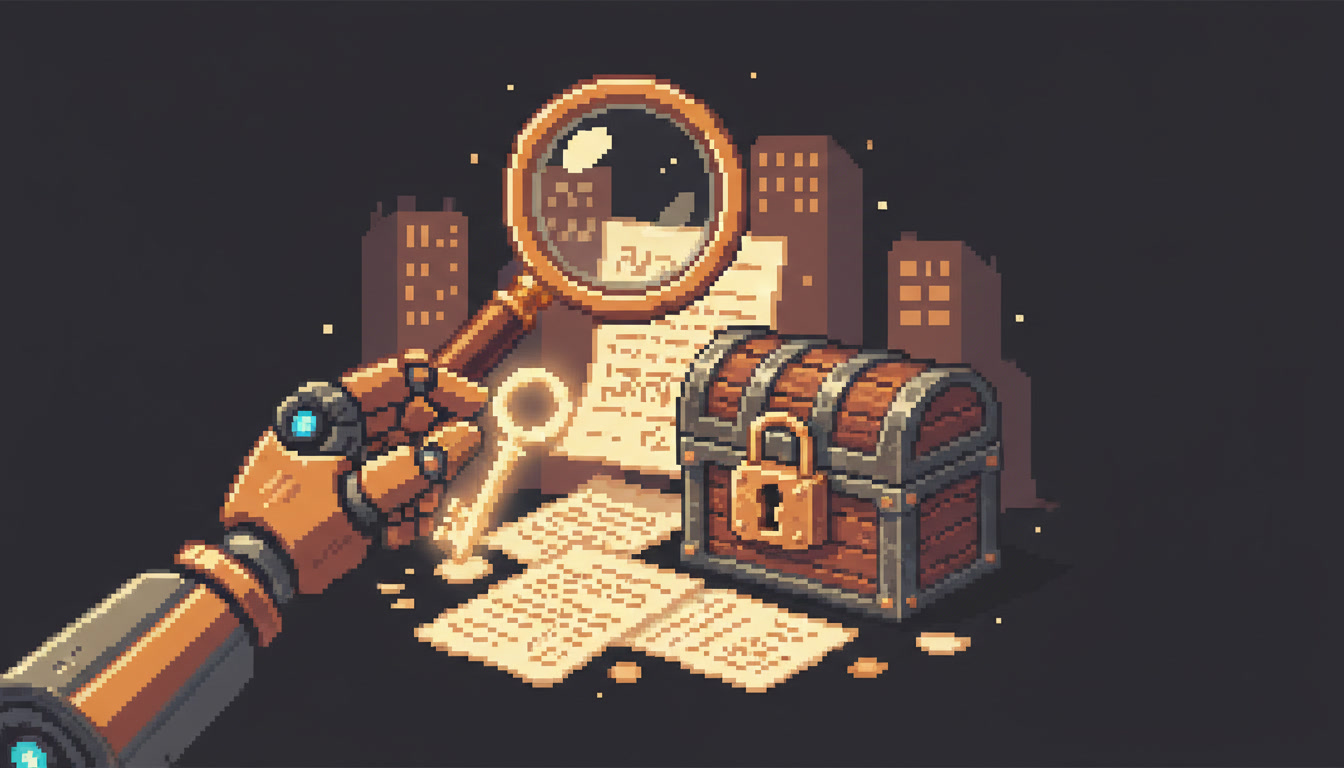 Pixel art hero illustration — a magnifying glass hovering over scattered pixel documents and a padlocked treasure chest with a key held by a robot (artwork for "Local SEO Competitor Analysis: Spy on the Three Businesses Beating You")