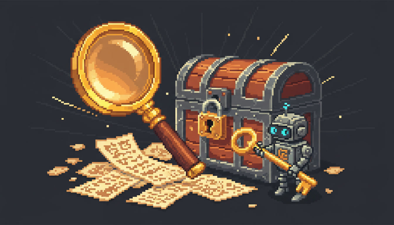 Pixel art hero illustration — a magnifying glass hovering over scattered pixel documents and a padlocked treasure chest with a key held by a robot (artwork for "10 ความผิดพลาด Local SEO ที่ทำให้ร้านไทยมองไม่เห็นบน Google Maps")
