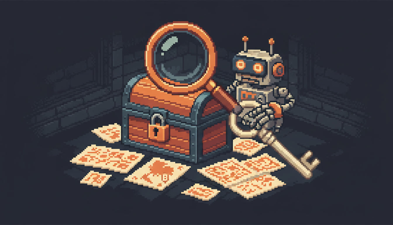 Pixel art hero illustration — a magnifying glass hovering over scattered pixel documents and a padlocked treasure chest with a key held by a robot (artwork for "Local SEO vs Google Ads: Where Should a Bangkok Business Spend First?")