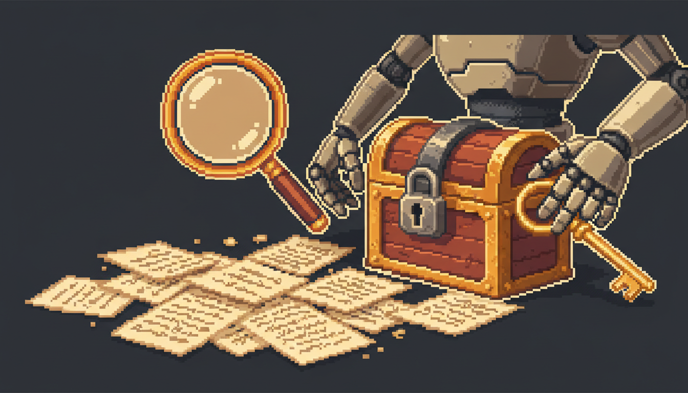 Pixel art hero illustration — a magnifying glass hovering over scattered pixel documents and a padlocked treasure chest with a key held by a robot (artwork for "Local SEO for Restaurants: Getting Found Before the First Bite")
